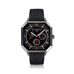 Power reserve auto watch (black dial, black leather strap)